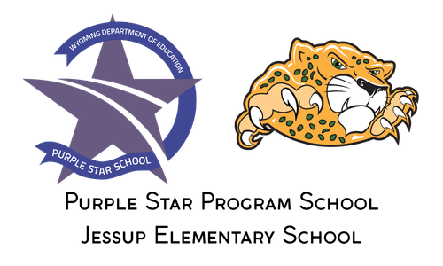 Wyoming Department of Education Purple Star logo, Jessup Jaguar logo mascot, Purple Star Program School, Jessup Elementary School